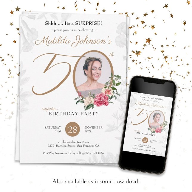 Convite Foto Floral Surpresa 50º Aniversário (Surprise 50th Birthday Chic Floral Botanical Photo Invitation)