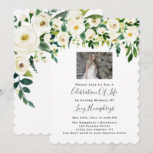 Convite Foto: Flores Brancas De Aquarelas Celebrando A Vid (Frente/Verso)