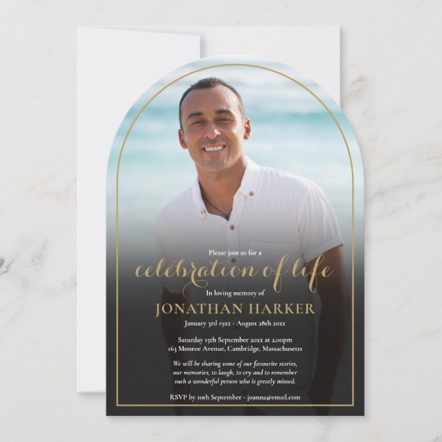 Convite Foto Funeral de Arch Dourada Celebração da Vida (Frente)