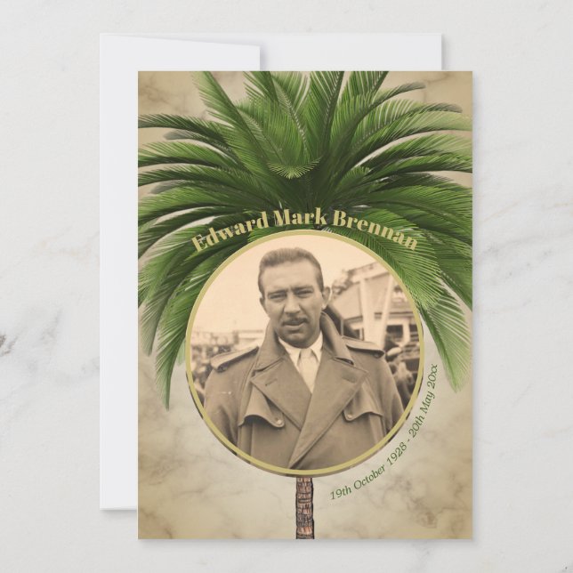 Convite Foto Funeral Elegante Palm Tree Marble (Verso)