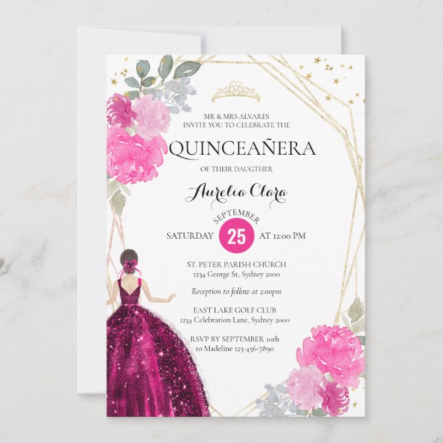 Convite Foto Geométrica Floral Magenta Rosa Quinceañera (Frente)