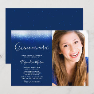 Convite Foto Glam de Quinceanera dos azuis marinhos