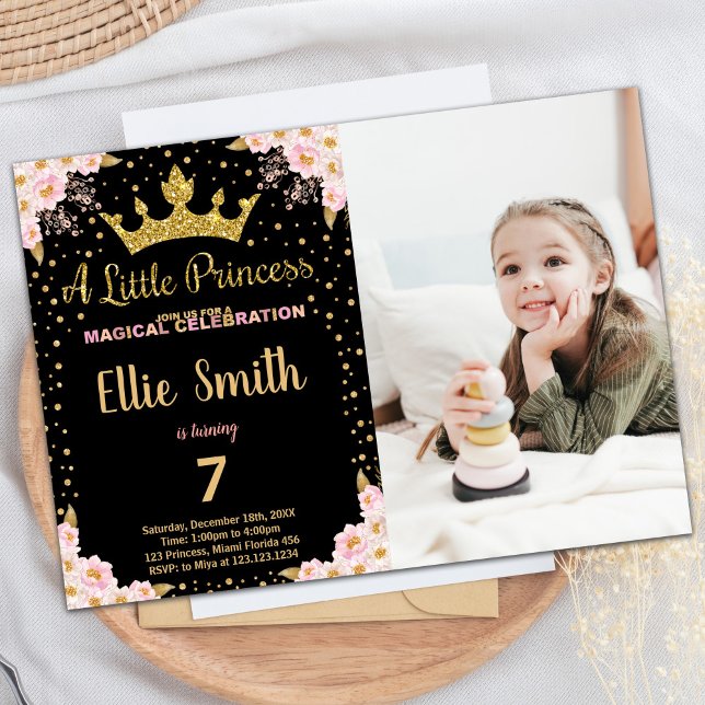 Convite Foto Glitter Crown Purple Princess Aniversário (Photo Glitter Crown Purple Princess Birthday Invitation)