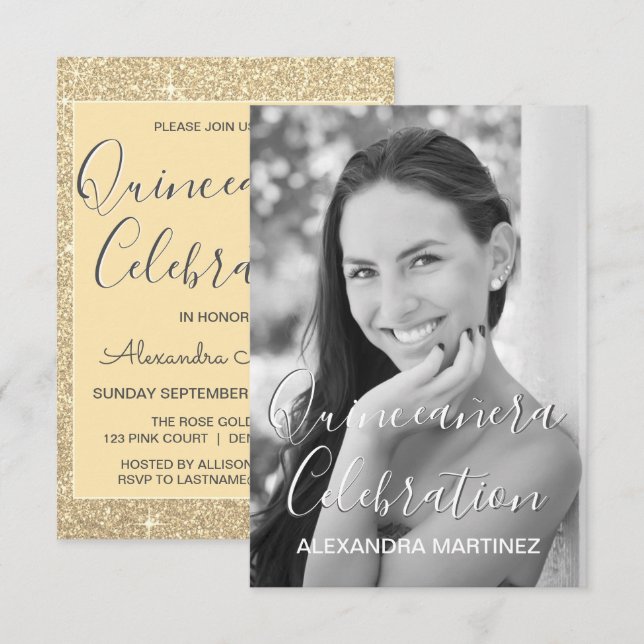 Convite Foto Glitter Dourada - Celebração de Quinceanera (Frente/Verso)