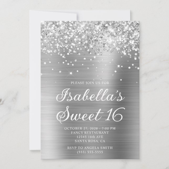 Convite Foto Glittery Silver Foil Sweet 16 (Frente)
