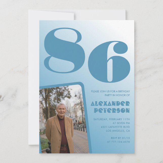 Convite Foto Gradiente Azul Aniversário de 86 anos (Frente)