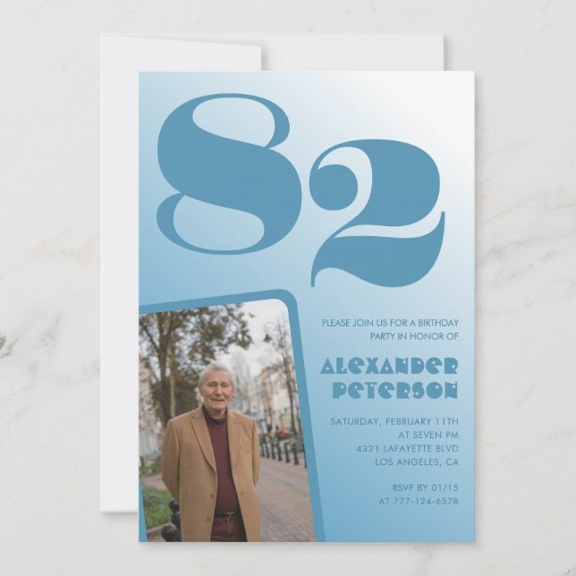 Convite Foto Gradiente Azul Retro 82º aniversário (Frente)