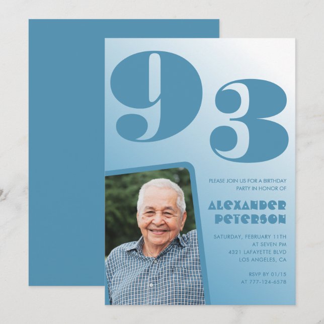Convite Foto Gradiente Azul Retro 93º aniversário (Frente/Verso)