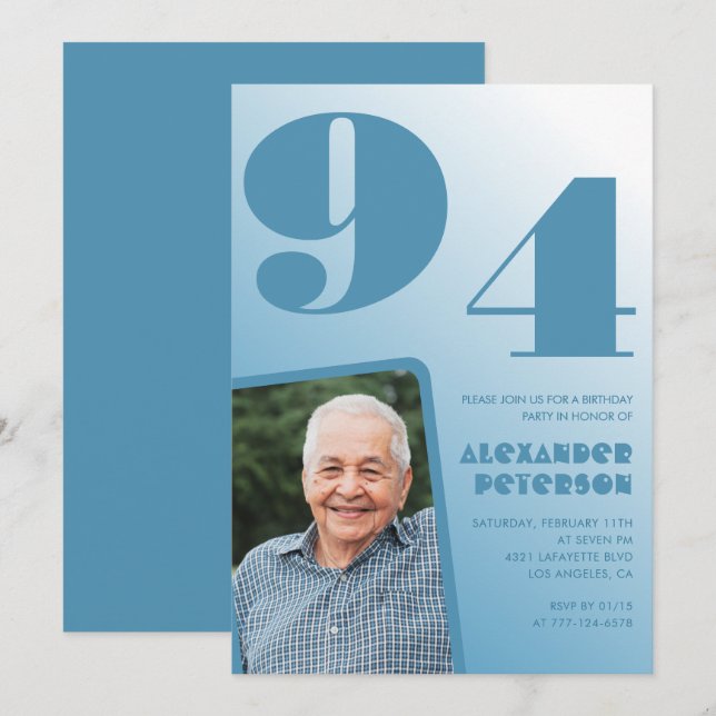 Convite Foto gradiente azul retrô 94º aniversário (Frente/Verso)