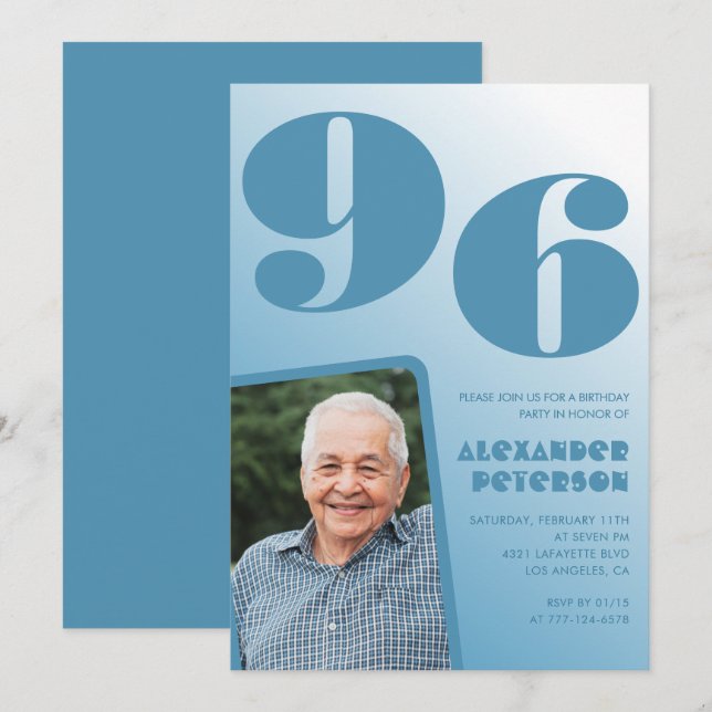Convite Foto Gradiente Azul Retro 96º aniversário (Frente/Verso)