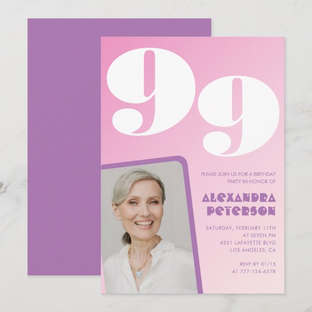 Convite Foto gradiente rosa roxo aniversário de 99 anos (Frente/Verso)