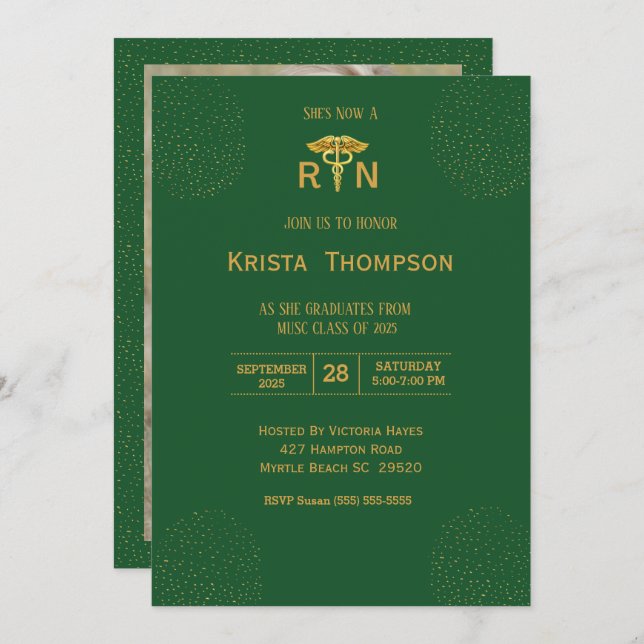Convite Foto: Graduação de Enfermeira Dourada Verde Inv (Frente/Verso)