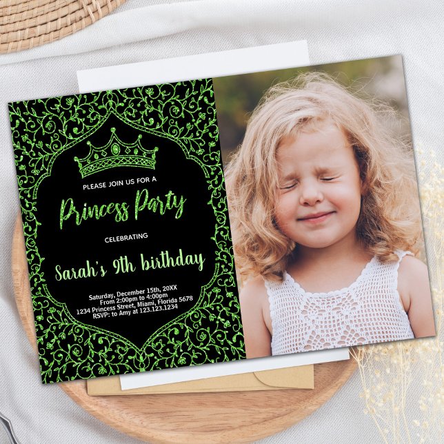 Convite Foto: Green Glitter Princess Birthday Invtions (Photo Green Glitter Princess Birthday Invitations)