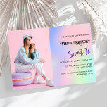 Convite Foto holográfica roxa rosa Doce 16<br><div class="desc">Um fundo holográfico rosa,  roxo e verde de menta. Personalize e adicione uma foto e detalhes da festa.</div>