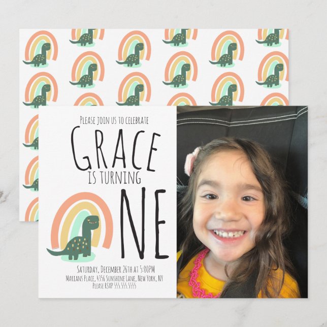 Convite Foto I da Festa de aniversário do Arco-Íris do Din (Frente/Verso)