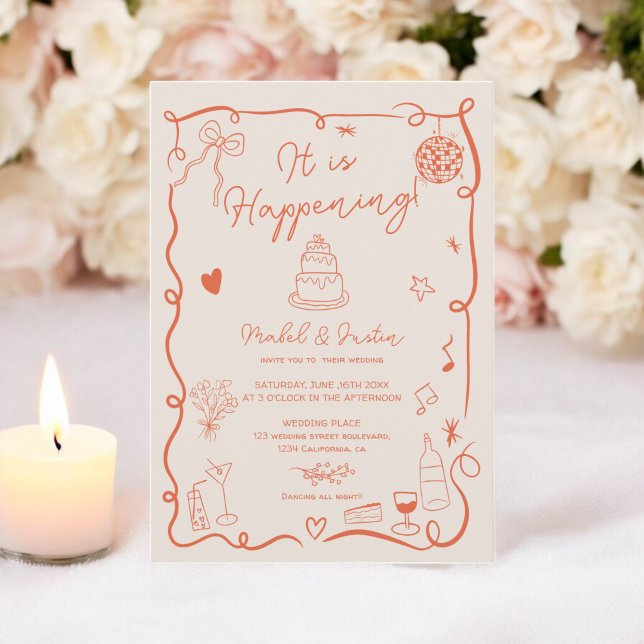 Convite Foto ilustrada de casamento com a mão de Retro Lar (Retro Orange hand drawn illustrated photo wedding Invitation)