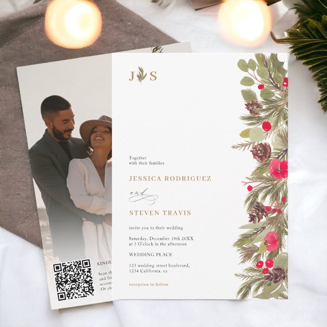 Convite Foto inicial do pinheiro de inverno elegância Qr c (Winter pine elegance initial photo Qr code Wedding Invitation)