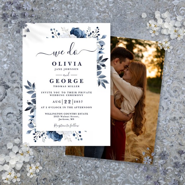 Convite Foto íntima do casamento privado floral azul (Blue Floral Intimate Private Wedding Photo Invitation)