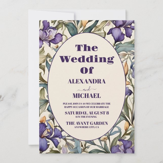 Convite Foto Íris Roxa Casamento Art Nouveau (Frente)