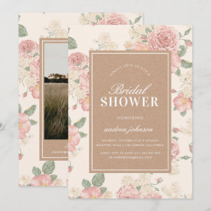 Convite Foto Kraft Vintage Jardim de Rosas Rosa Casamento