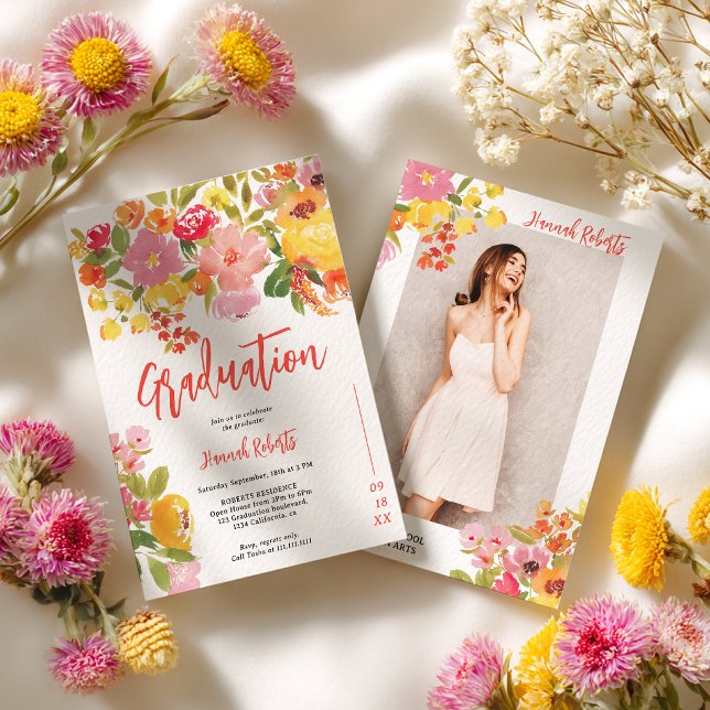Convite Foto Laranja Roxa Boho floral formatura (Purple Orange photo Boho floral graduation Invitation)