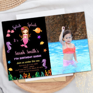 Convite Foto Laranja Roxo Sob o mar pequena sereia