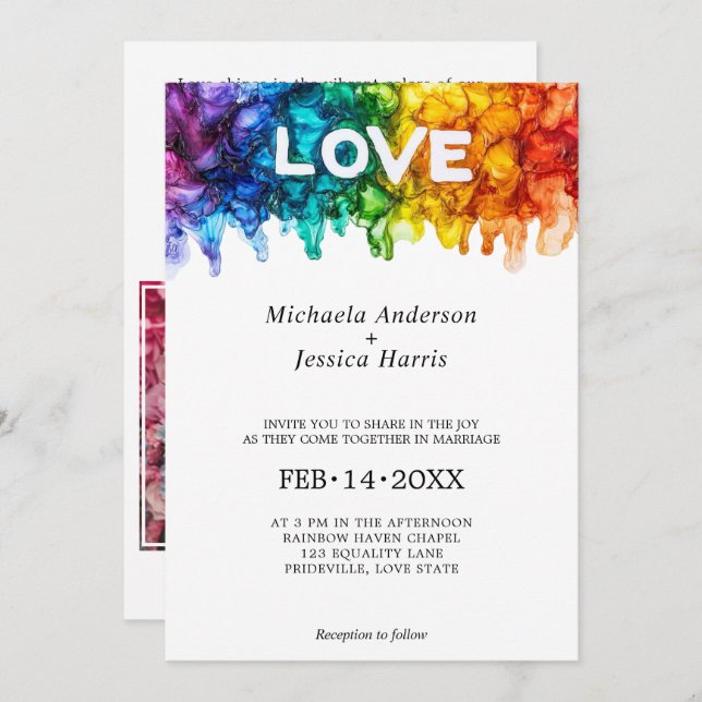 Convite Foto 🌈 LGBTQ Pintada com Casamento de Amor (Frente/Verso)