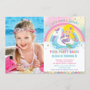 Convite Foto loira de aniversário do Sereia Unicorn Piscin