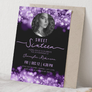 Convite FOTO Luzes Brilhantes Aniversário de 16 anos Roxo