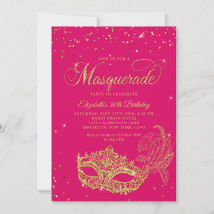 Convite Foto Magenta Rosa Dourado Aniversário Máscara