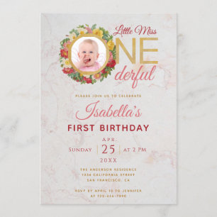 Convite Foto Maravilhosa em Rosa Wreath Primeiro Aniversár