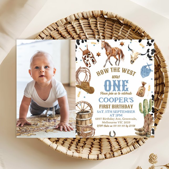 Convite Foto Marrom Azul Como O Ocidente Era Um primeiro a (How The West Was One 1st Birthday Invitation With Horse, Cowboy 1st Birthday Invitation Template)