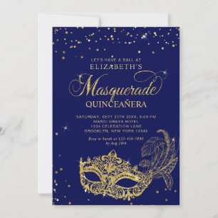 Convite Foto Máscara de Purpurina Dourada Azul para Quince
