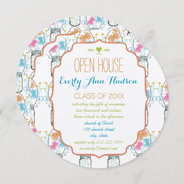 Convite Foto: Mason Jar Pink Coral Aqua Floral Graduação (Frente/Verso)