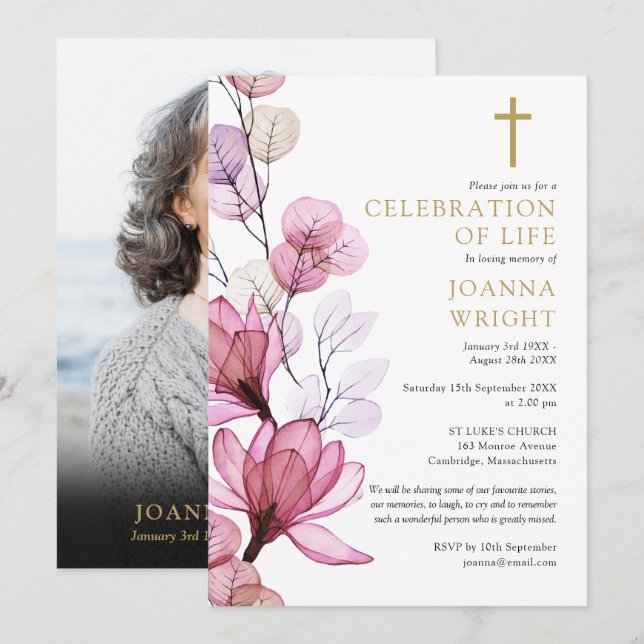 Convite Foto memorial fúnebre cristã floral rosa (Frente/Verso)