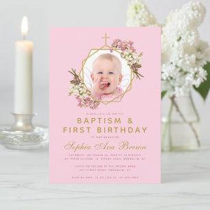 Convite Foto Menina Rosa Batizado Aniversário de Um Ano Or