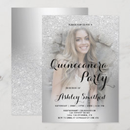 Convite Foto metálica ombre de prata Quinceañera