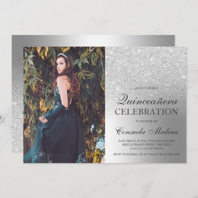 Convite Foto metálica ombre de prata Quinceañera (Frente/Verso)
