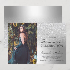Convite Foto metálica ombre de prata Quinceañera