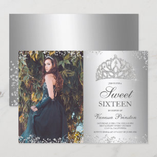 Convite Foto metálica tiara com brilho prateado Sweet 16