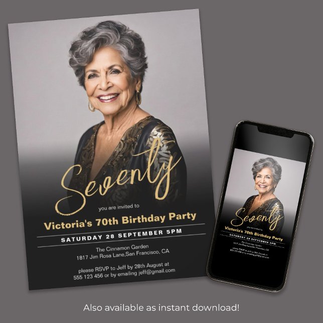 Convite Foto Mínima Dourada Negra Moderna de Aniversário d (70th Birthday Modern Black Gold Minimal Photo Invitation)