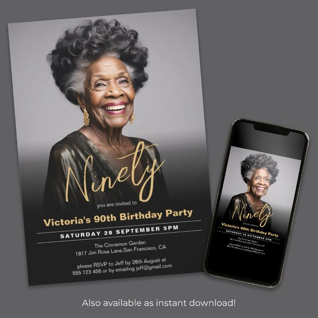 Convite Foto mínima mínima mínima Dourada de Aniversário d (90th Birthday Black Gold Minimal Modern Photo Invitation)