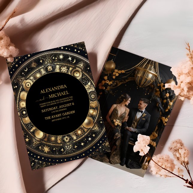 Convite Foto Mística Chic Casamento Sol Lua Preto Dourado (Criador carregado)