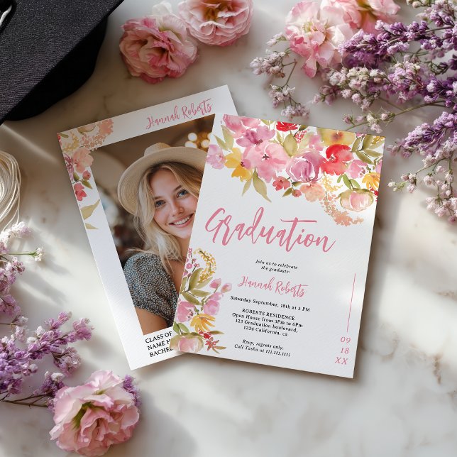 Convite Foto moderna Boho Rosa Lavanda floral formatura (Modern photo Boho Pink Lavender floral graduation Invitation)