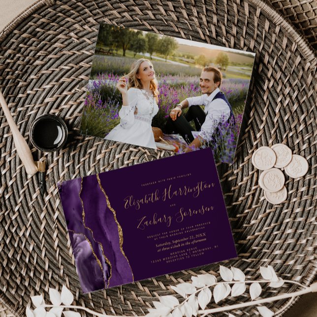 Convite Foto Moderna Casamento Dourado com Agate Plum (Criador carregado)