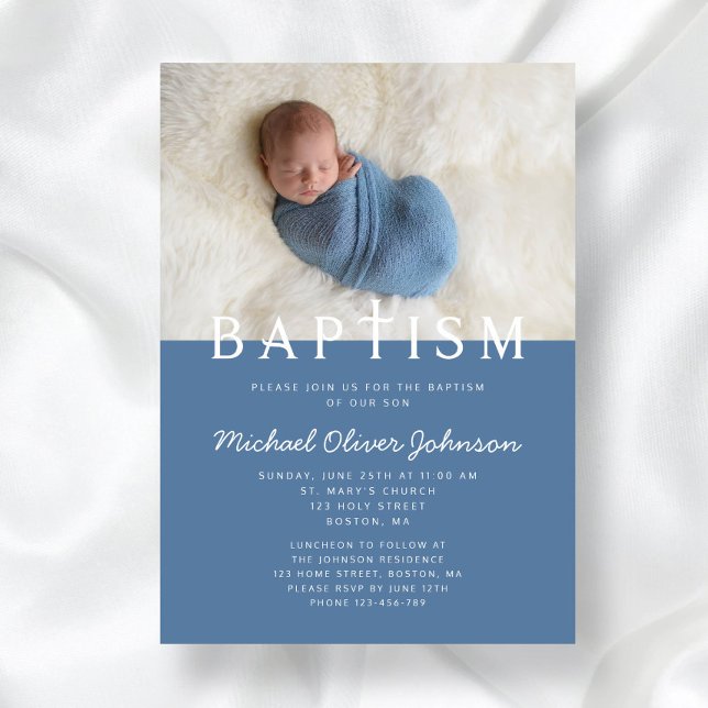 Convite Foto Moderna Cruz Religiosa Blue Boy Baptism (Front Modern Photo Religious Cross Blue Boy Baptism Invitation)