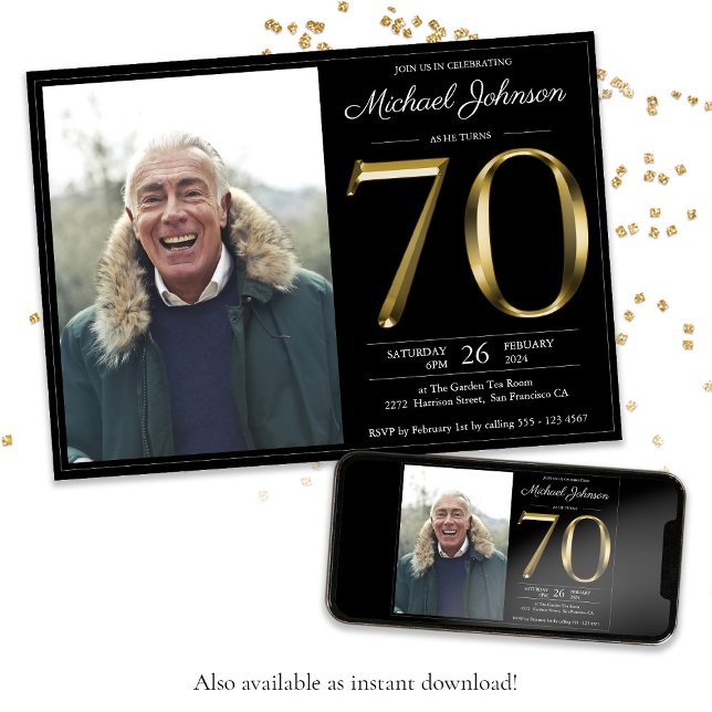Convite Foto Moderna do Texto Dourado de Aniversário do 70 (Black 70th Birthday Gold Text Classy Modern Photo Invitation)