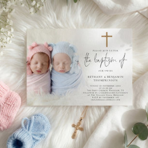 Convite Foto Moderna Dourada Cruz Twins Baptismo