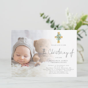 Convite Foto moderna Eucalyptus Cross Christening 