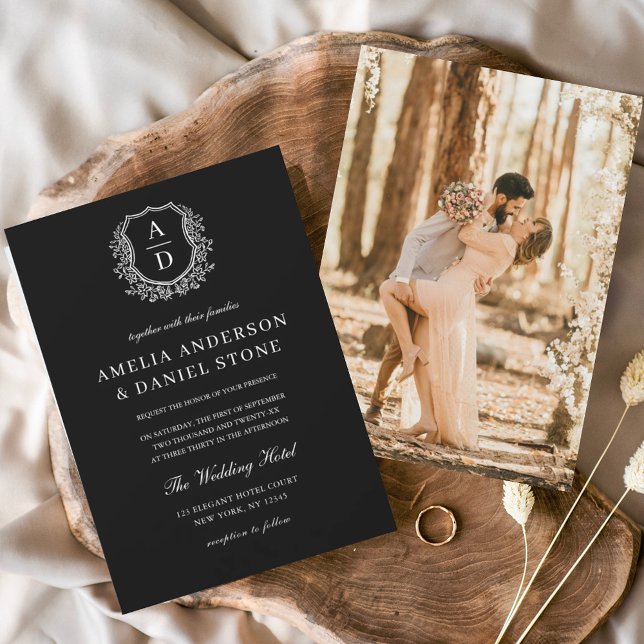 Convite Foto Moderna Floral Crest Monograma Formal (Criador carregado)